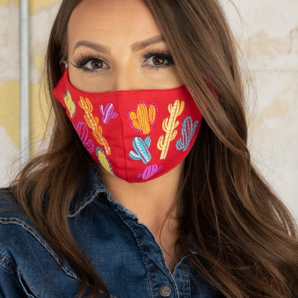 Lucky & Blessed Red Embroidered Cactus Face Mask